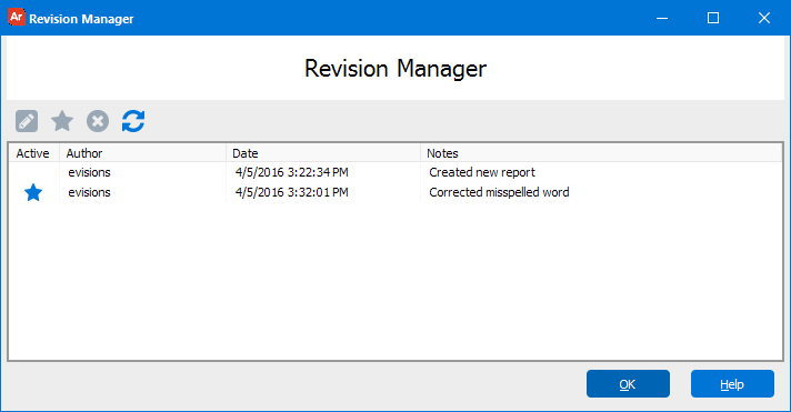 This dialog shows the Revision Mangaer dialog which lists the existing revisions for an object.  In this dialog you can specify which of the revisions is the active revision.
